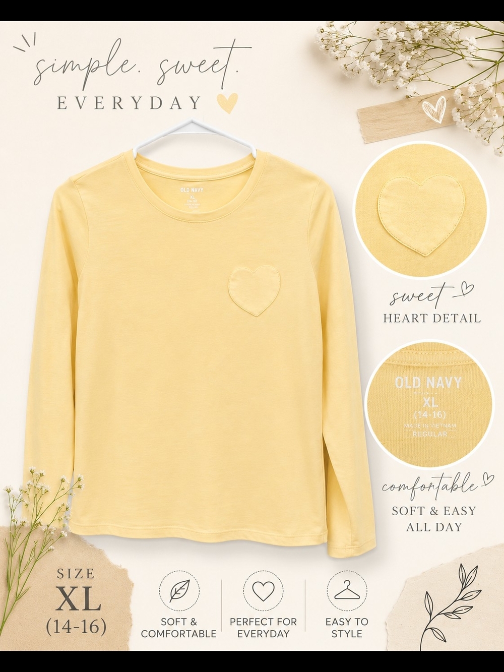 Pale Yellow Long Sleeve Tee Heart Patch Size Xl Girls